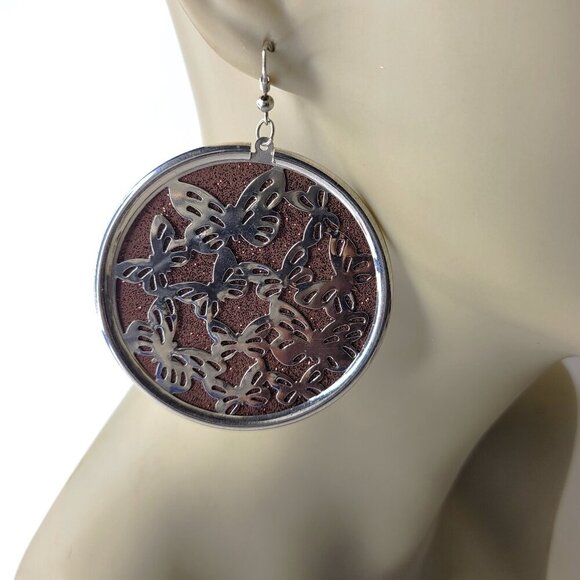 Brown and Silver Round Earrings Large Round Glitter Earrings Butterfly Earrings - Picture 2 of 4